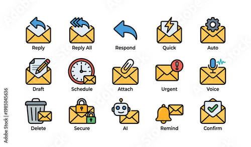 Set of 16 colorful email icons representing actions and features