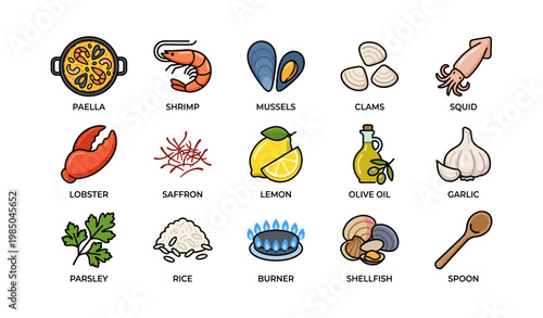 Seafood and ingredients icons: paella, shrimp, squid, lemon, spices