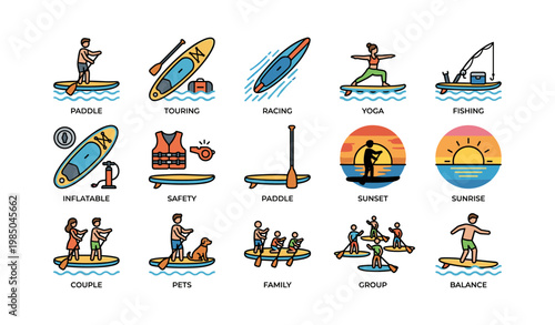 Colorful icon set of paddleboarding activities and outdoor adventures