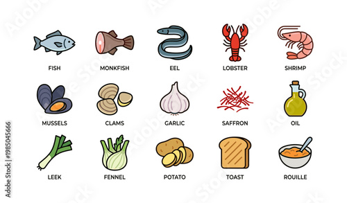 Seafood and ingredients illustration featuring fish, shrimp, and vegetables
