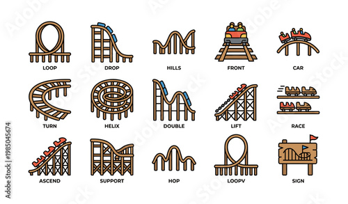 Colorful roller coaster icon set featuring various track designs