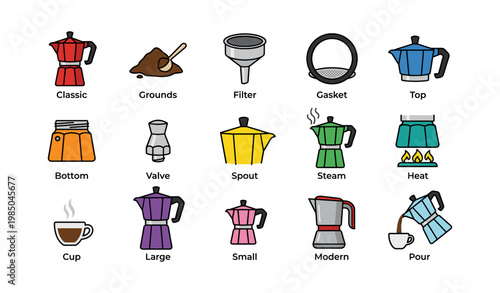 Colorful moka pot elements: gasket, grounds, spout, steam, filter
