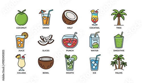 Colorful icon set of tropical drinks and coconut-themed elements
