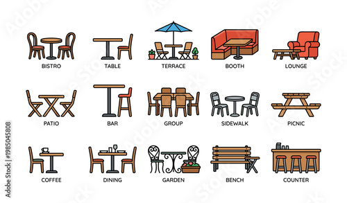 Various bistro and dining furniture icons including tables and chairs