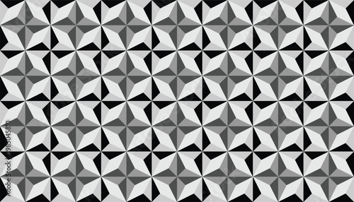 Abstract 3D geometric seamless pattern with prismatic star shapes, monochrome crystalline vector background