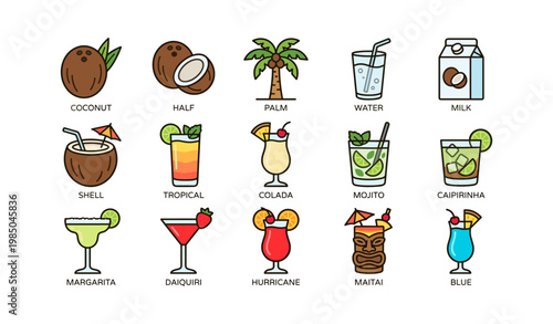 Tropical drink icons with coconut, palm, cocktail glasses, and refreshing beverages