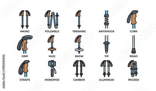 Diverse range of trekking poles: antishock, carbon, cork, and more