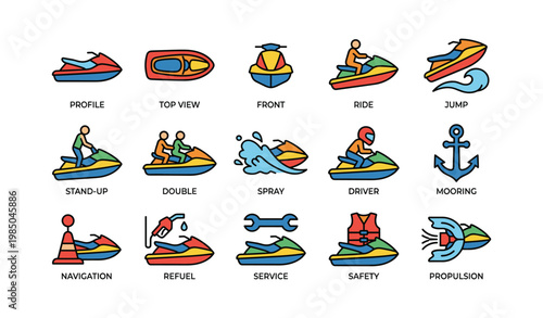 Colorful jet ski icons collection featuring activities and equipment