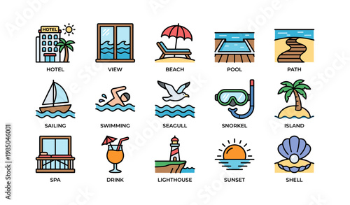 Vacation icon set: beach, hotel, swimming, snorkeling, sunset, lighthouse