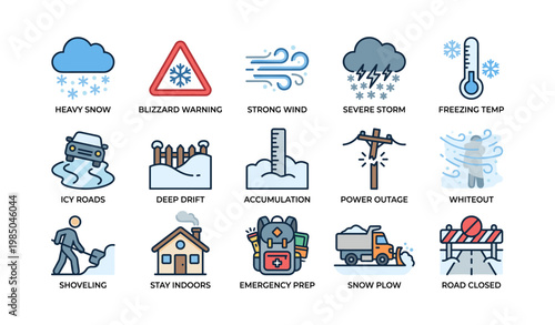 Weather icons depicting heavy snow, blizzard warning, and severe storm conditions