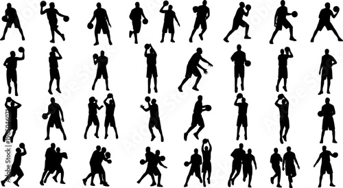 Vector set of Basketball players, Dynamic basketball poses including dunking, dribbling, and shooting silhouettes