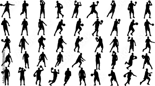 Vector set of Basketball players, Dynamic basketball poses including dunking, dribbling, and shooting silhouettes