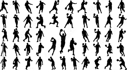 Vector set of Basketball players, Dynamic basketball poses including dunking, dribbling, and shooting silhouettes
