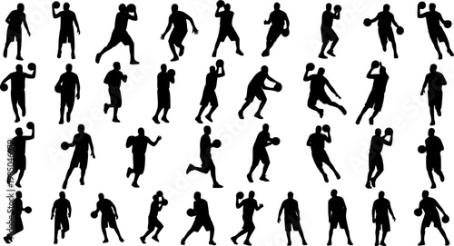 Vector set of Basketball players, Dynamic basketball poses including dunking, dribbling, and shooting silhouettes