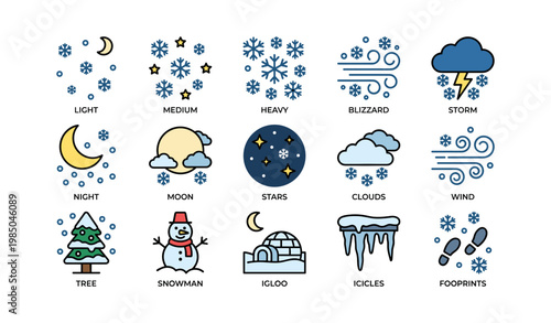 Weather icons set featuring snow, storms, winds, and seasonal elements