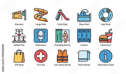 Water park icons set for navigation and amenities guide