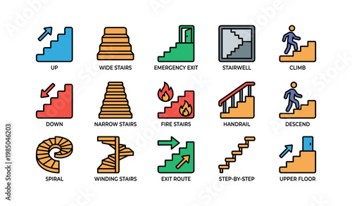 Colorful stair and exit icons featuring various stair designs and symbols