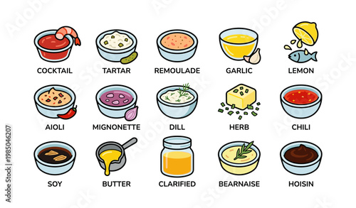 Variety of sauces in bowls: cocktail, tartar, remoulade, garlic, lemon, aioli, mignonette, dill