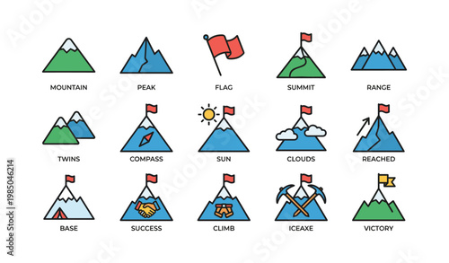 Mountain adventure icons with flags and tools