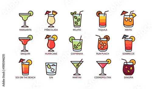 Illustrated cocktail collection with various glass types and ingredients