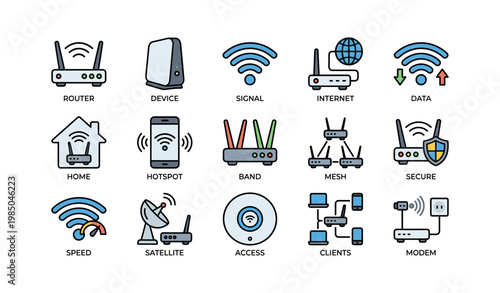 Icons of internet devices and network symbols with routers and modem
