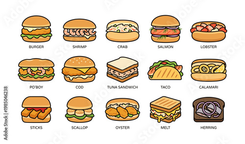 Variety of seafood and sandwich illustrations including tacos and burgers
