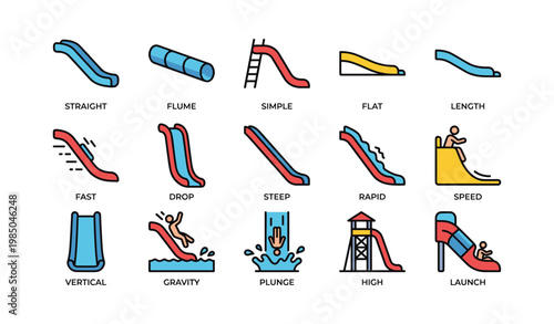 Colorful water slide icons featuring various designs and styles