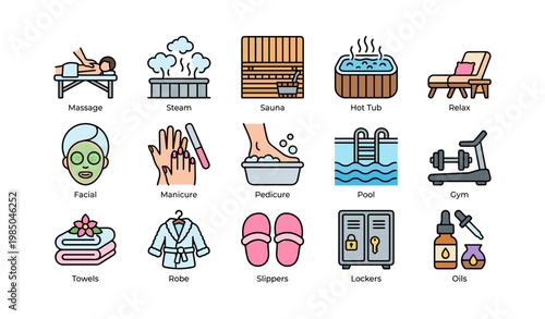 Spa icons collection: massage, sauna, hot tub, relaxation, wellness