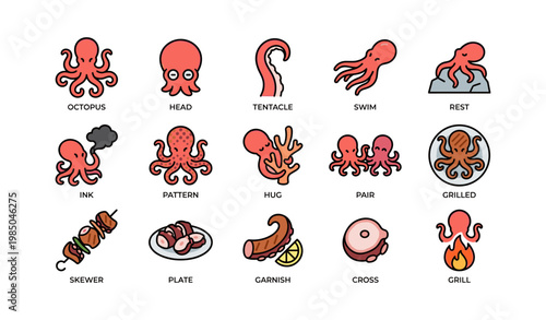 Cartoon octopus icons showing tentacle patterns and grilled seafood with garnish