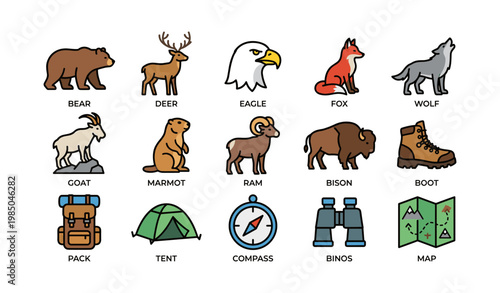 Colorful animal and outdoor gear icons for adventure enthusiasts
