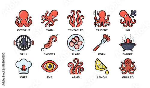 Cartoon octopus cooking: grill, skewer, trident, smoke, lemon