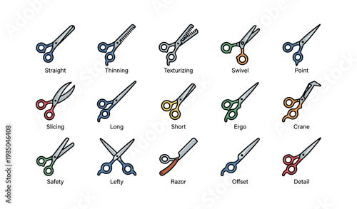Variety of hair cutting scissors with different functions and designs
