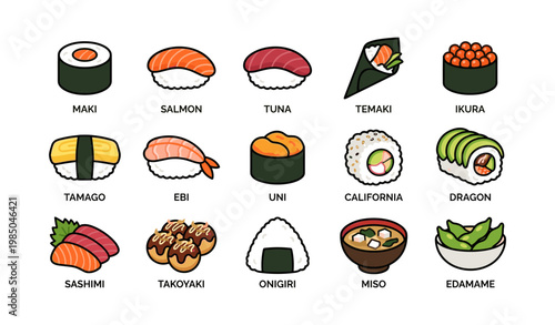 Iconic sushi and asian cuisine varieties including maki, salmon, tuna, and edamame