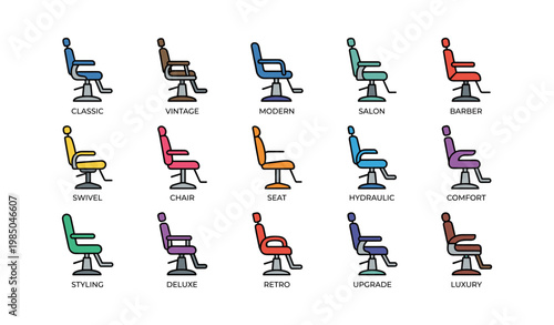 Colorful barber chairs collection featuring modern and vintage salon styles
