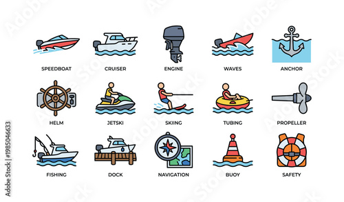 Colorful nautical icons set featuring boats, water sports, and marine equipment