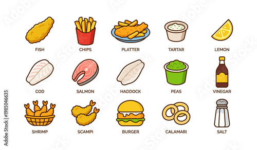 Assorted fish and chips ingredients with sauces and sides illustrated