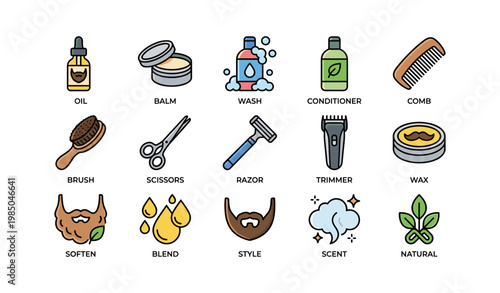 Grooming tools and products: oil, balm, wash, comb, brush, scissors, razor, trimmer, wax