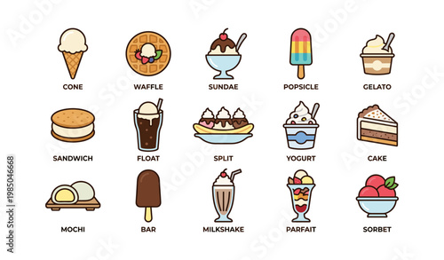 Colorful collection of various ice cream and dessert icons
