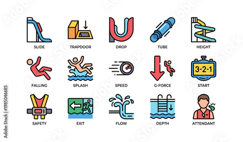 Water park icons featuring slides, safety, speed, splash, and depth indicators