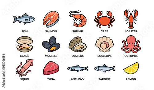 Colorful seafood icon set featuring fish, shellfish, crustaceans, and lemon slice