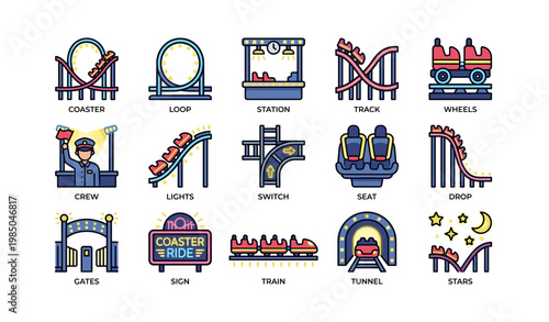 Amusement park roller coaster icons with tracks and sign graphics