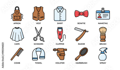 Barber tools collection: apron, vest, shirt, bowtie, nametag, scissors, clipper, razor, brush