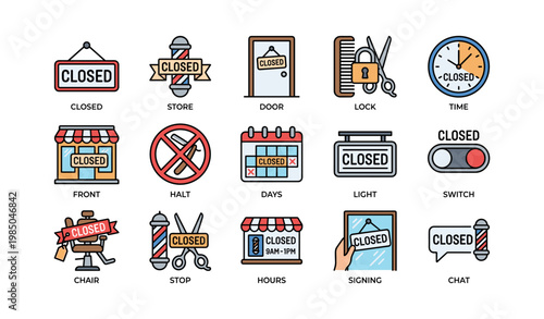 Closed store icons set: door, lock, time, barbershop, online communication symbols