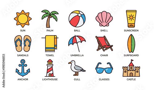 Colorful beach icons featuring summer essentials and recreation