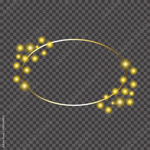 Shiny gold oval frame border vector with glitter light effects glowing bokeh lights and isolated transparent background