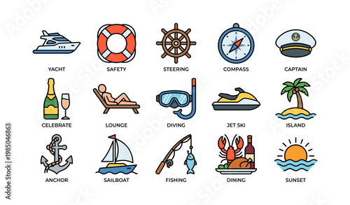 Nautical symbols and leisure activities collection featuring yacht, safety, and sunset