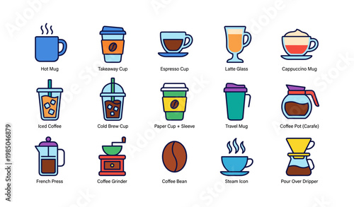 Variety of coffee cups and accessories icons set