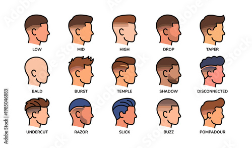 Diverse men's hairstyles: low, mid, high, drop, taper, and more style options