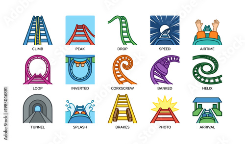Colorful roller coaster icons set featuring thrills and excitement