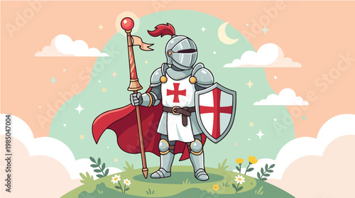 Illustration of a knight in armor holding a staff and shield, celebrating St. George's Day on a hill with flowers and clouds in the background.